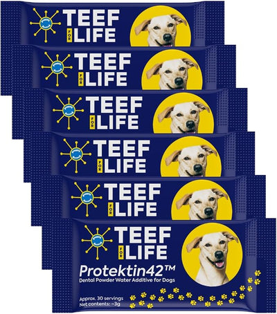 TEEF for Life Protektin42 Prebiotic Dog Dental Powder Refill - 180 Servings (6 Packets) Tasteless Natural Water Additive for Dogs, Teeth Cleaning, Bad Breath, Tartar & Plaque Remover, 4-Ingredients