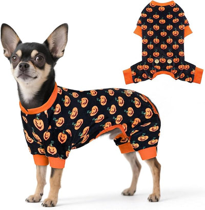 KYEESE Halloween Dog Pajamas for Small Dogs Boy Girl Adorable Pumpkin Dog Pjs Pet Onesie Stretchable Doggy Clothes 4 Legs Festival Doggie Jammies Cat Pajamas Halloween Costumes,Small
