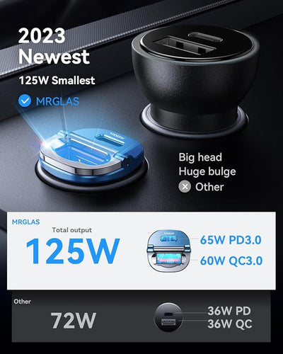 【Upgraded】 125W USB C Car Charger Super Fast Charging for iPhone 16, [PD65W & QC60W][All Metal] MRGLAS Cigarette Lighter Car Charger,Dual Port for iPhone 16 15 Pro iPad Samsung S25 S24 MacBook-Blue