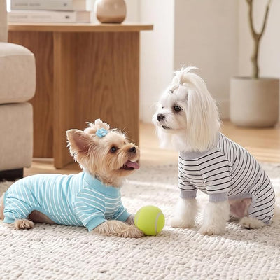 XPUDAC 4 Pack Dog Pajamas Striped Dog Clothes for Small Medium Dogs Girl Boy Comfy Puppy Outfit Doggy Jammies Onesie Pet Costume, Blue, Grey, Green, XS