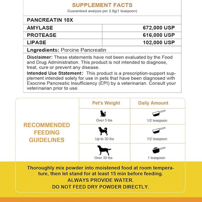 Pancreatic Enzyme Powder for Dogs - 10X High Potency Pancreatin Supplement (285g/10oz) - Supports Nutrient Absorption, Improves Digestive Health for Pets