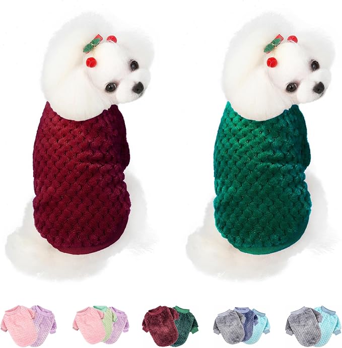 POMIU Dog Sweater, Dog Sweaters for Small Medium Dogs or Cat, Warm Soft Flannel Pet Clothes for Dogs Girl or Boy, Dog Shirt Coat Jacket (Dark Red+Dark Green, X-Small)