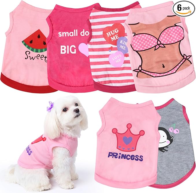 6 Pieces Dog Shirt Puppy Sweatshirt Pet Sleeveless Vest Dog Clothes Doggy Female Apparel for Small to Medium Dogs Puppy Cat(Cute Patterns,XS Size)