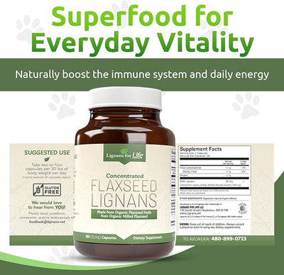 Lignans For Life Flaxseed Lignans for Dogs & People + SDG - Omega 3 Fatty Acids, High Fiber Antioxidants - Improve Shiny Coat, Digestive & Heart Health for Dogs, 15mg, 180 Flaxseed Capsules, 1 Pack