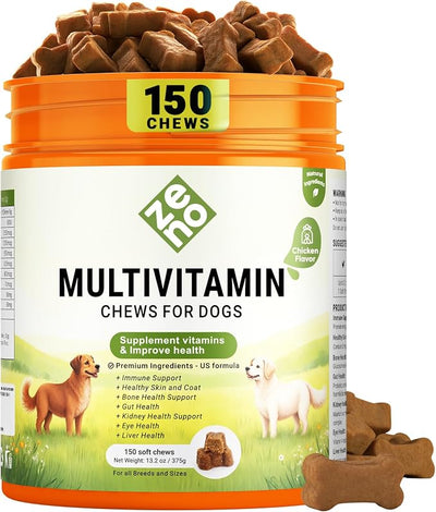 ZENO Dog Vitamins and Supplements - 150 Dog Multivitamin Chewable - Immune, Joint Support, Skin, Gut Health + Packed with Omega 3s, Glucosamine & Probiotics - Safe for Puppy - Chicken