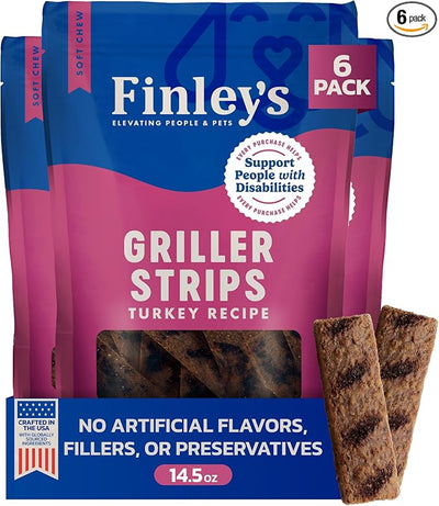 Finley's Turkey Griller Strips for Dogs, Jerky-Style Dog Treats with Real Ingredients for All Breeds and Sizes, 14.5oz, 6 Pack