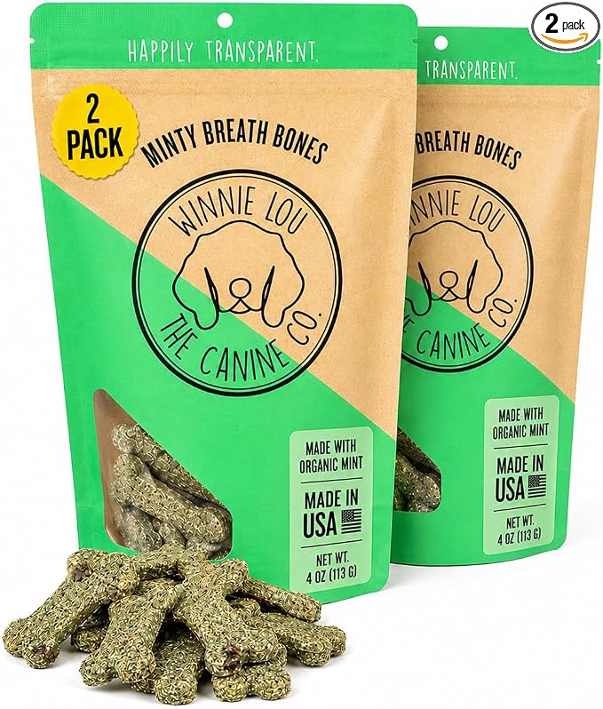 Winnie Lou Organic Dog Treats – Natural Dog Biscuits, USA Made, Organic Ingredients, Clean, Sensative Stomach, All Breed Sizes, High Protein, Hypoallergenic, Minty Breath Bones (Pack of 2)