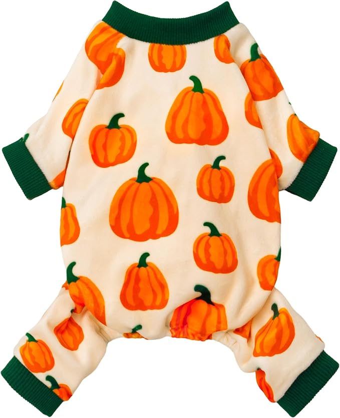 Fitwarm Pumpkin Dog Pajamas, Thanksgiving Outfit for Small Dogs Boy Girl, Fall Pet Clothes, Beige, Orange, Green, Medium
