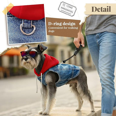 Cool Dog Jean Jacket Vest with D-Ring Blue Denim Dogs Hoodies Outfits for Small Medium Dogs Cats Boy Male Dog Clothes Costume Dogggie Puppy Harness Coat for Frenchie Walking(Red Hat,M)