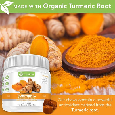 Turmeric for Dogs - Hip & Joint Supplement for Senior Dogs with Arthritis | Natural Anti Inflammatory Pain Relief | Organic Curcumin, Collagen & BioPerine | NASC Certified Made in USA - 60 Soft Chews