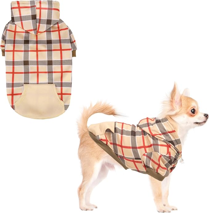 KOOLTAIL Plaid Dog Hoodie for Small Medium Large Dogs - Pet Clothes Sweater with Hat and Pocket for Cold Weather Winter, Warm Soft Dog Hooded Sweatshirt Coat Outfit for Puppy Cats Girls Boys Beige XS