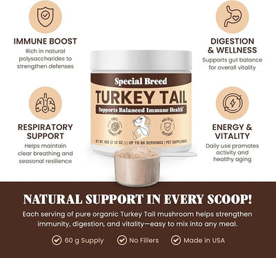 Organic Turkey Tail Mushroom for Dogs and Cats, Immune Support with Beta Glucans and Polysaccharides, Digestive and Respiratory Health, Pure Mushroom Powder, No Fillers, 60 ct