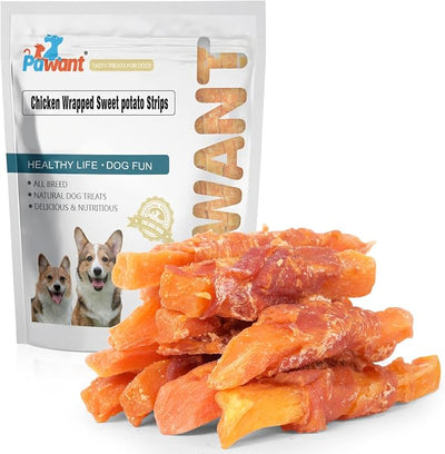 Chicken Wrapped Sweet Potato Dog Treats, Soft Chews Puppy Training Snacks, Grain Free High Fiber Digestive Support Sticks, 8 Ounces