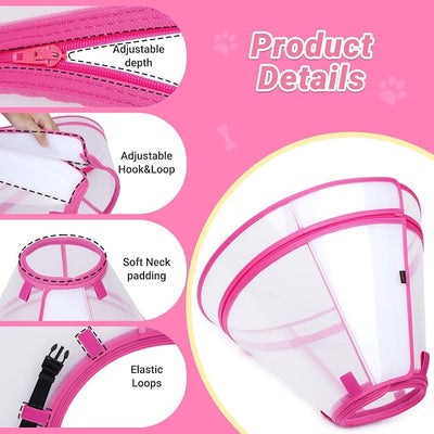Dog Cone to Stop Licking, Clear Recovery Collar with Detachable Zipper, Sturdy Elizabethan Collar for Large Medium Small Dogs, Soft Adjustable Cone After Surgery Patented, Hot Pink L