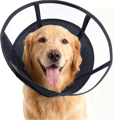 Soft Dog Cone, Stop Licking Deep Pet Recovery Collar After Surgery for Large Medium Dogs, Clear Plastic Breathable Elizabethan Head Neck Circle, Adjustable Comfortable Cones 28cm Long (ML Black)