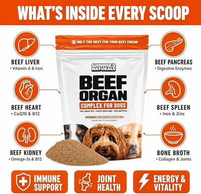 Winnies Naturals Beef Organ Complex Supplement for Dogs, Grass Fed Beef Organs Meal Topper, Dog Multivitamin, Dog Joint Health Supplement Support, Raw Food Supplement for Dogs, 90 Servings