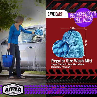 AIDEA Car Wash Mitt Microfiber, 2PK, Car Wash Brush, Blue, 7.12''X10.14'' | Scratch Free Lint Free Premium Chenille Microfiber Mitt, Cleaning Supplies, Regular Size