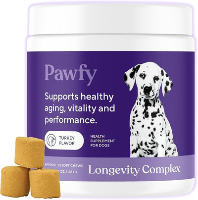 Pawfy NMN Longevity Dog Chews with Fucoidan & CoQ10 | Senior Dog Supplement for Joint, Brain, Eye & Energy Support | Daily Healthy Aging Formula | 30 Soft Chews (Turkey)