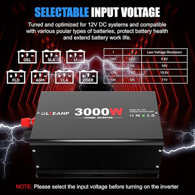 OLTEANP 3000 Watt Power Inverter 12V DC to 110V AC Car Inverter with 4 AC Outlets, 30W Type-C Port, 3.1A USB Port, Remote Controller on LCD Screen, Power Converter for Truck, Home, Vehicles,Trip