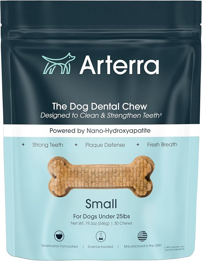 Arterra Pet Science Dental Chews for Dogs with Nano-Nydroxyapatite, 30Count | Dog Dental Chews for Stronger Teeth and Gums, Fight Plaque, Freshen Breath, Support Gut, For Small Dogs (Under 25 Pounds)