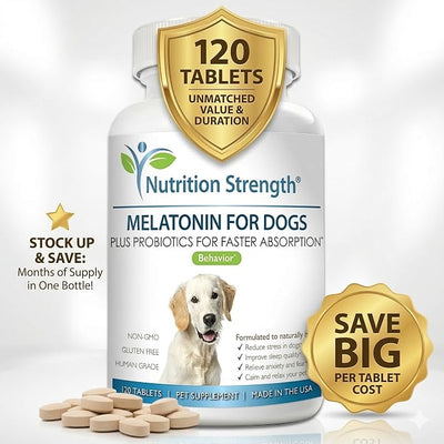 Melatonin for Dogs - 3mg High Potency Sleep Aid & Calming Support - Promotes Hair Regrowth - Plus Probiotics for Gut Health - 120 Chewable Tablets
