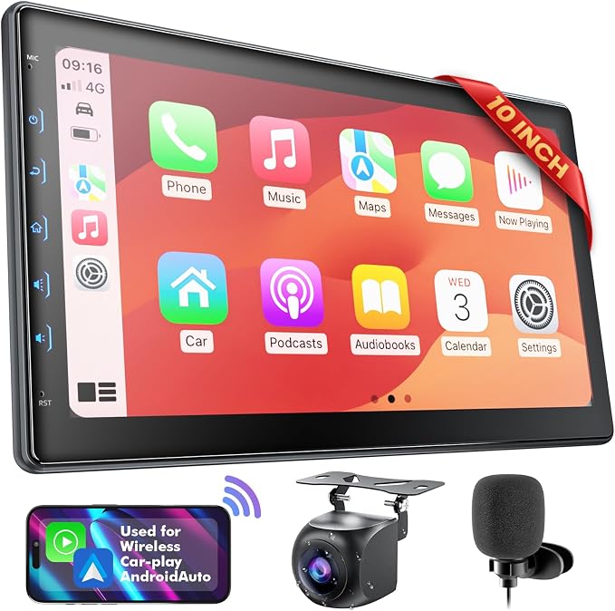 10 Inch IPS Touch Screen Double Din Car Stereo Compatible with Wireless Carplay, Android Auto, Mirrorlink - Car Radio Audio Stereo Receiver with Bluetooth, FM, 720P Backup Camera