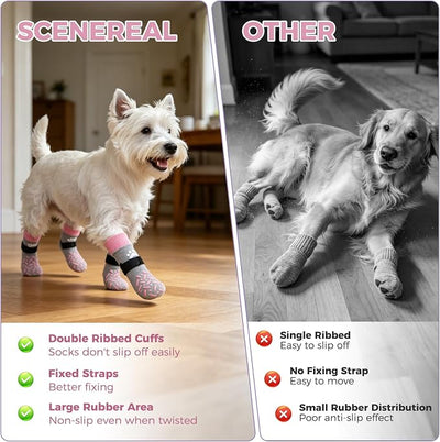 SCENEREAL Anti Slip Dog Socks to Prevent Licking Paws for Hot/Cold Pavement, Paw Protector Traction Control on Hardwood Floor, Dog Shoes Booties for Puppy Small Medium Large Senior Dogs, Pink XS