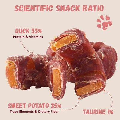 Pawmate Dog Treats Duck Wrapped Sweet Potato Donuts Rings, Healthy Low Fat Dog Jerky Chews, High Protein Training Treats Snacks for Small Medium Large Breed, 10.6 oz