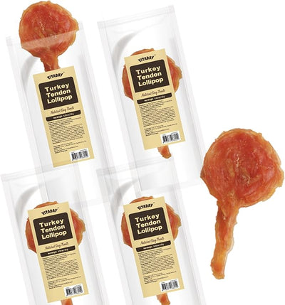 VITADAY All Natural Turkey Tendon Dog Treats, Lollipop, 4-Pack | Long-lasting dog training treats, rawhide-free, made of USA-sourced turkey tendons