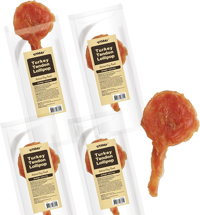 VITADAY All Natural Turkey Tendon Dog Treats, Lollipop, 4-Pack | Long-lasting dog training treats, rawhide-free, made of USA-sourced turkey tendons