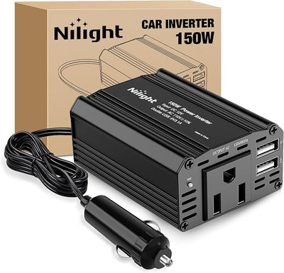 Nilight 150W Power Inverter 12V DC to 110V AC Car Charger Converter with 3.1A Dual USB Ports and 1 AC Outlets for Phones Tablets Laptop Computer Game Console Kindle iPad DVD Players Black