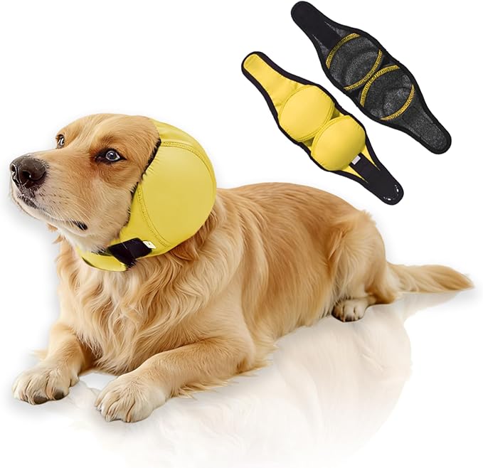 Waterproof Dog Ear Covers No Shake Ear Wraps for Dogs Bath,Grooming & Drying,Noise Protection Ear Muffs Anxiety Relief,Adjustable Calming Hoodie Shower Cap for Hematoma(Bright Yellow,S)