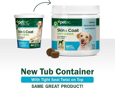 Petnc Dog Skin and Coat Supplement (60 Chewables), With Omega 3, EPA & DHA, Promotes Healthy Skin & Glossy Coat, For Dogs 18 Weeks & Older, Liver Flavor