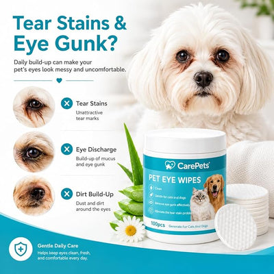 Eye Wipes, 100 Count Pet Tear Stain Cleaning Pads for Dogs and Cats, Gentle Textured Eye Area Wipes with Aloe Vera and Chamomile, Fragrance Free (1) | Gentle Textured Eye Wipes