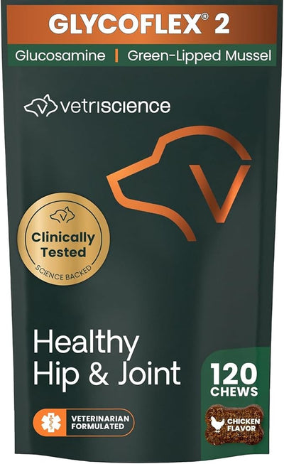 VetriScience Healthy Hip & Joint Chews, GlycoFlex Glucosamine and Green-Lipped Mussel Joint Support Supplement for Dogs, Promote Mobility and Protect Joints, Chicken, 120 Count