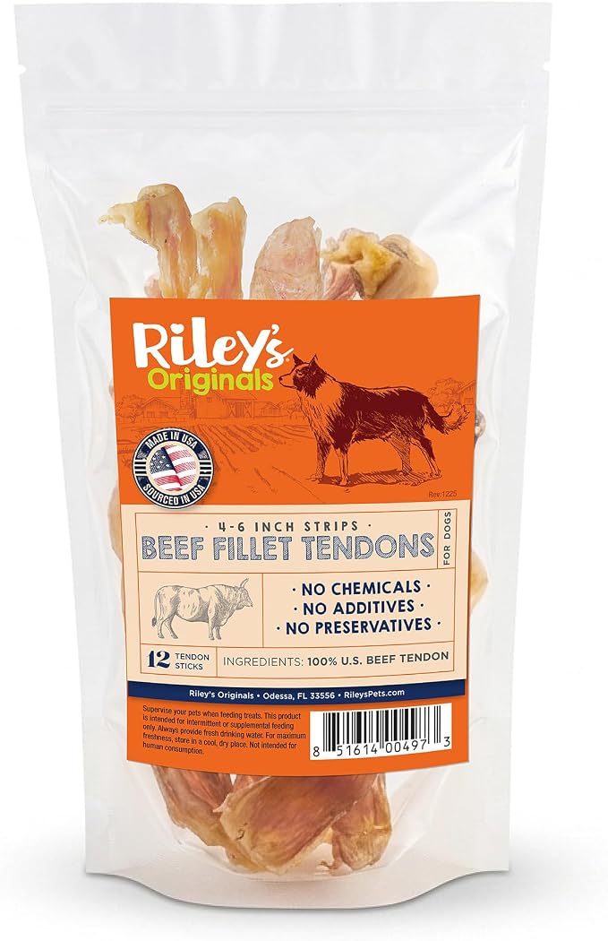 Riley's Beef Tendon Strips - Single Ingredient & Low Odor Beef Tendons for Dogs - Tendon Chews for Dogs Promotes Dental Health - All Natural Dog Treat for Small & Medium Breeds (4-6 inch, 12 Sticks)