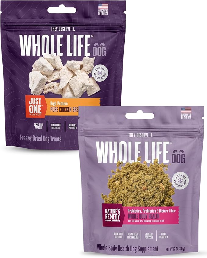 Whole Life Dog Whole Body Health Supplement and Just One Chicken Freeze Dried Dog Treat Bundle – Skin, Immune & Digestive Support, High Protein Treats, Human Grade, USA Made