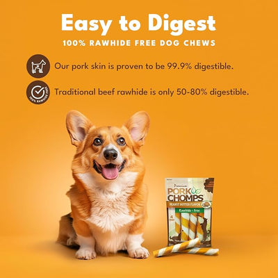 Pork Chomps Baked Pork Skin Dog Chew, 6-inch Twists, Peanut Butter Wrap, 4 Count (Pack of 2)