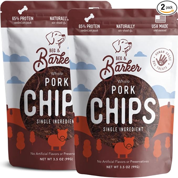 Beg & Barker Pork Chips for Dogs (3.5 Ounce, Pack of 2) - Single Ingredient Dog Treats Made for Large & Small Dogs Protein Human Grade Dog Treats Made from Real Meat Pork, Made in USA