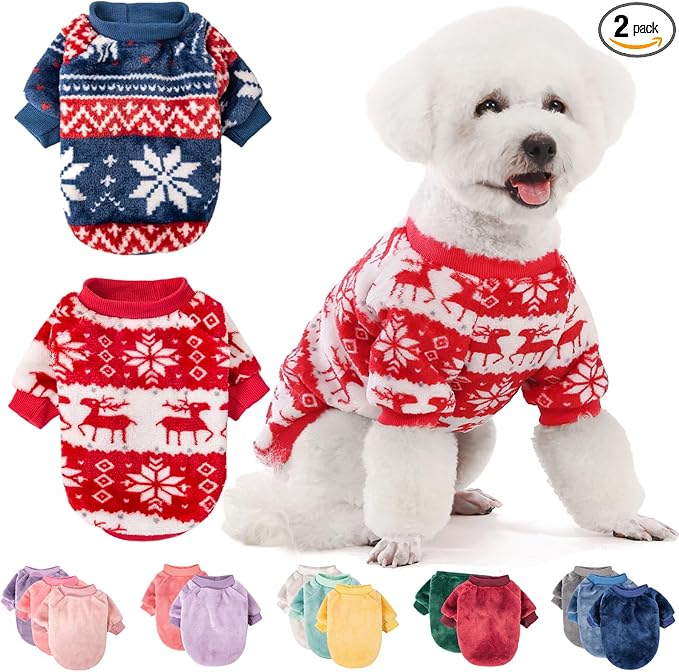 FabriCastle Christmas Dog Sweater, 2-Pack Dog Clothes, Ultra Soft and Warm Pet Jackets for Small Dogs & Cats, Winter Pet Apparel Costumes, Puppy Outfits (Red,Blue, Small)
