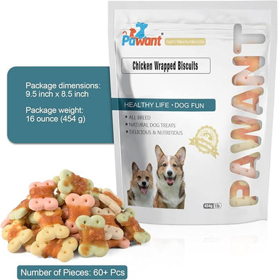 Chicken Wrapped Biscuit Dog Treats, Rawhide Free Puppy Chews, 16oz | 30% real poultry; 60% baked core; 15% protein; easily digestible bite size pieces; ideal for daily obedience rewards