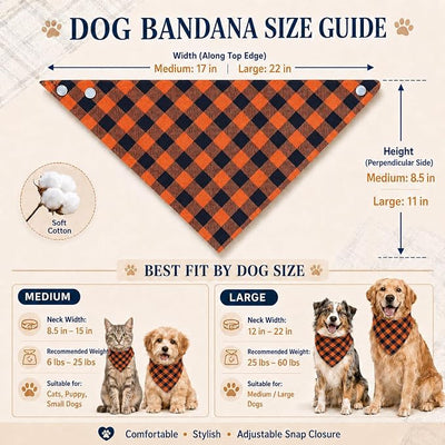 Orange & Black lattices Pet Dog Bandana Triangle Bibs Scarf, Dual Layer Scarf with Button Double-Cotton Plaid Printing Kerchief Set Accessories for Boy and Girl Dog (Large)