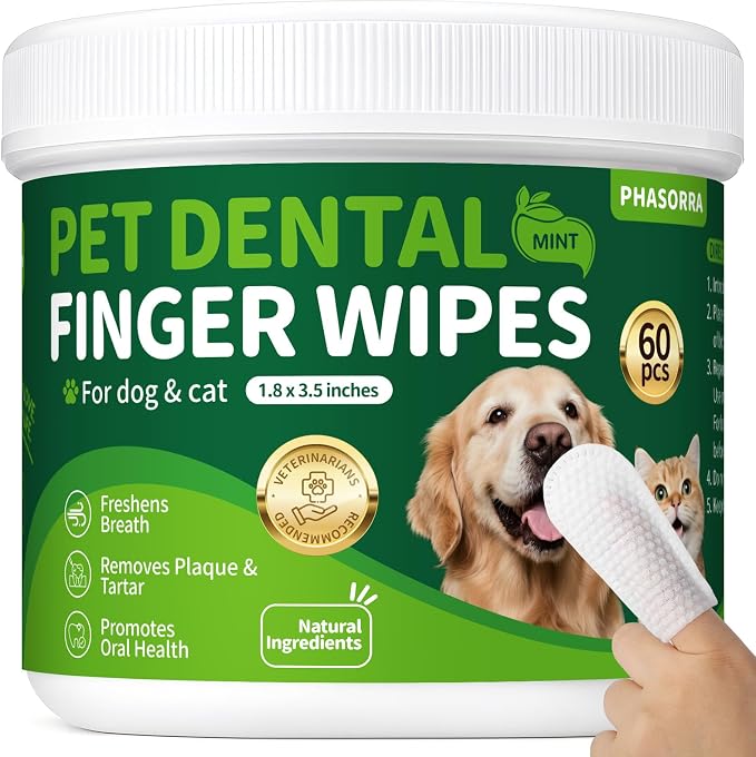 Dog Dental Care Wipes - 60Ct Tooth Brushing kit, Heavy Duty Teeth Cleaning for Dogs & Cats, Remove Tartar & Plaque, Dog Breath Freshener, Dog Toothbrush & Toothpaste Alternatives (Mint)