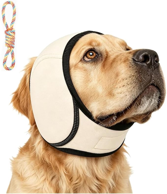 Zenpup Noise Cancelling Ear Wrap, Dog Ear Muffs Noise Protection Firework Thunder Vacuum, Elastic Dog Ear Wrap with Sound-Blocking Rubber Pads, No Shake, Adjustable (Beige, Medium)
