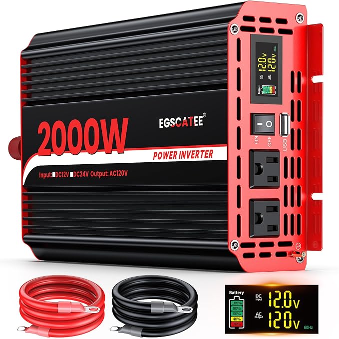 2000W Power Inverter 12V DC to 110V/120V AC Converter, Peak Power 4000W Car Inverter with LCD Display, 2 AC Outlets, 3.1A USB Port for Vehicles, Camping, Travel, Emergency Use