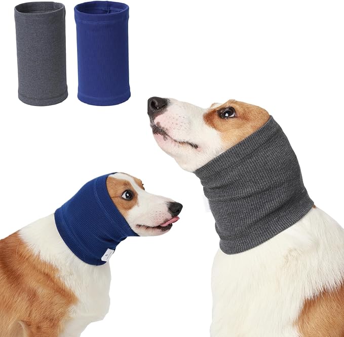 No Shake Ear Wraps for Dogs,Soft Dog Calming Hoodie Dog Ear Cover Ear Muffs for Anxiety,Grooming,Bathing,Swim,Noise Protection Quiet Ear for Dogs,Grey/Blue L