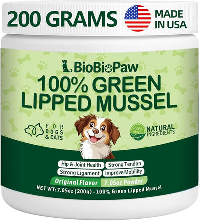 Pure Green Lipped Mussel Powder for Dogs & Cats 100% New Zealand Sourced Supports Hip & Joint Flexibility, Mobility, Tendons & Muscle Strength 200 Grams Made in USA