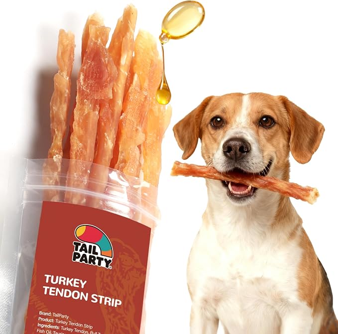 TailParty Turkey Tendons for Dogs with Fish Oil & Taurine, All Natural Dental Chews & Training Treats, Long Lasting Snack for Health-Conscious Pet Owners(Strip, 3 oz)