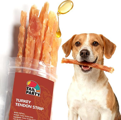 TailParty Turkey Tendons for Dogs with Fish Oil & Taurine, All Natural Dental Chews & Training Treats, Long Lasting Snack for Health-Conscious Pet Owners(Strip, 3 oz)