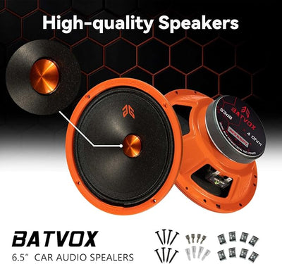 MX65P1 Loudspeaker 6.5 Inch Midrange 200 Watts 4 Ohms Orange Dust Cap, Premium Quality Audio Door Speakers for Car or Truck Stereo Sound System, Orange (2 Speakers)